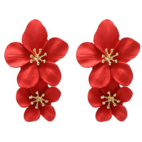 Elegante große Metall-Doppelt-Glanz-Matt-Blumen-Ohrringe, schickes Statement, baumelnde Tropfen, Blumen, Hochzeit, Ohrringe für Frauen, Mädchen, Teenager, Ohrringe Holz Schwarz (Red-1, One Size) von Clicitina