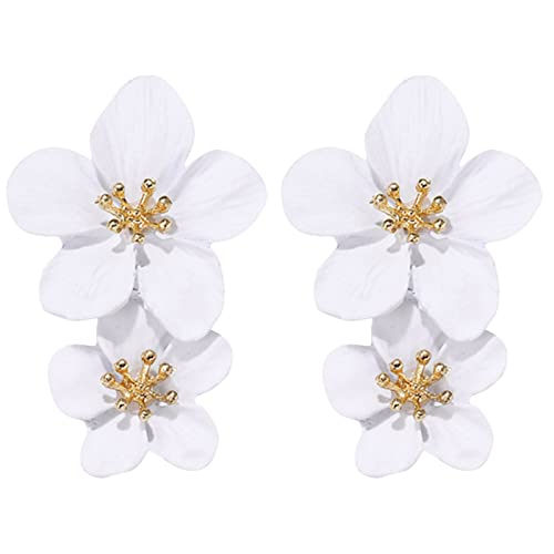 Elegante große Metall-Doppelt-Glanz-Matt-Blumen-Ohrringe, schickes Statement, baumelnde Tropfen, Blumen, Hochzeit, Ohrringe für Frauen, Mädchen, Teenager, Ohrringe Holz Schwarz (White-1, One Size) von Clicitina