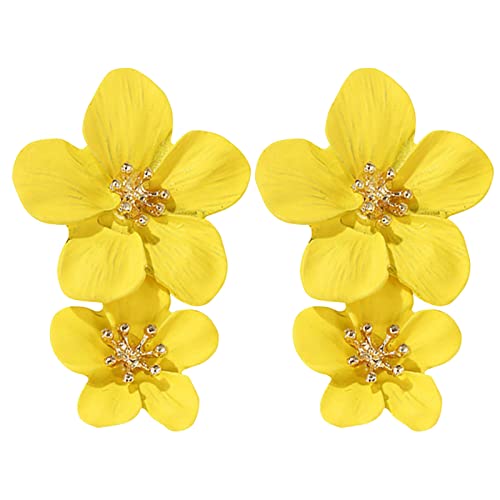 Elegante große Metall-Doppelt-Glanz-Matt-Blumen-Ohrringe, schickes Statement, baumelnde Tropfen, Blumen, Hochzeit, Ohrringe für Frauen, Mädchen, Teenager, Ohrringe Holz Schwarz (Yellow-1, One Size) von Clicitina