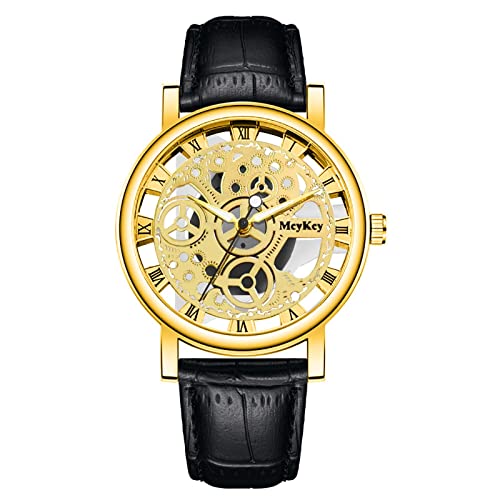 Männer Business Luxusmode Herren Quarzuhr Männer Bottom Hollow Imitation Mechanische Uhr Männer Gürteluhr BeU145 (Gold, One Size) von Clicitina