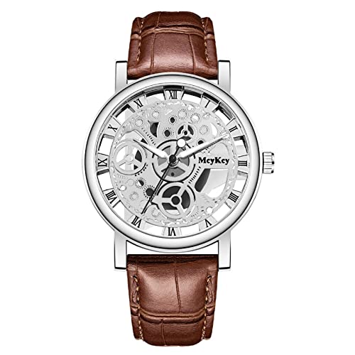 Männer Business Luxusmode Herren Quarzuhr Männer Bottom Hollow Imitation Mechanische Uhr Männer Gürteluhr BeU145 (Silver, One Size) von Clicitina