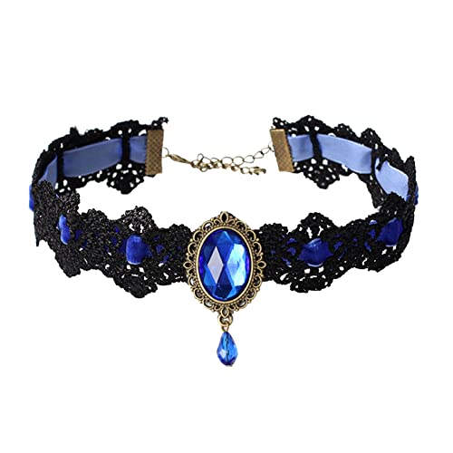 Retro Gothic Lace Choker Elegant Sexy Halskette Black Lace Choker Clavicle Chain Halskette mit Strass Spitzenschmuck für Frauen Mädchen GL294 (Blue #1, One Size) von Clicitina