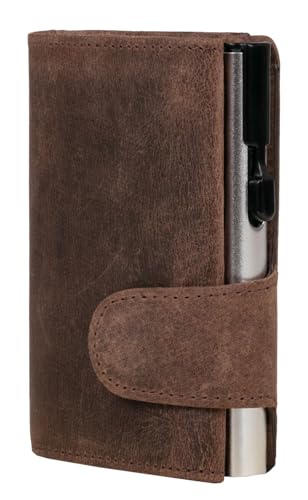 ClickSafe® Kreditkartenetui mit Münzfach und Geldscheinfach aus braunem Hunterleder mit silbernem Aluminium Tresor und RFID Schutz (Kartenetui, Kartenhalter, Slim Wallet) von ClickSafe