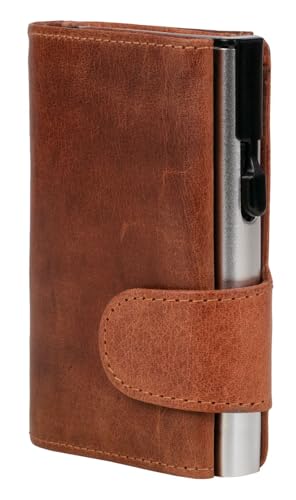 ClickSafe 962508 Kreditkartenetui mit Münzfach und Geldscheinfach aus cognacfarbenem Büffelleder mit champagnerfarbenem Aluminium Tresor und RFID Schutz (Kartenetui, Kartenhalter, Slim Wallet) von ClickSafe