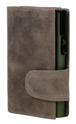ClickSafe® Kreditkartenetui mit Münzfach und Geldscheinfach aus grauem Hunterleder mit grünem Aluminium Tresor und RFID Schutz (Kartenetui, Kartenhalter, Slim Wallet) von ClickSafe