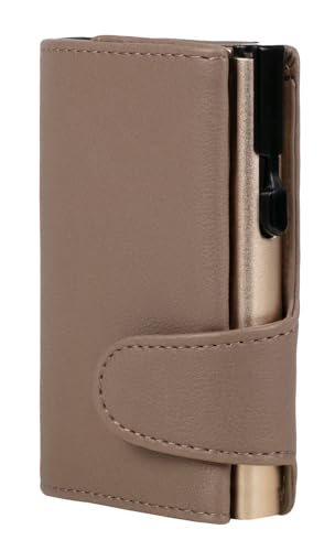 ClickSafe® Kreditkartenetui mit Münzfach und Geldscheinfach aus grauem Kunstleder mit champagnerfarbenem Aluminium Tresor und RFID Schutz (Kartenetui, Kartenhalter, Slim Wallet) von ClickSafe