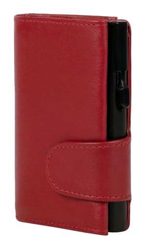 ClickSafe® Kreditkartenetui mit Münzfach und Geldscheinfach aus rotem Nappaleder mit schwarzem Aluminium Tresor und RFID Schutz (Kartenetui, Kartenhalter, Slim Wallet) von ClickSafe