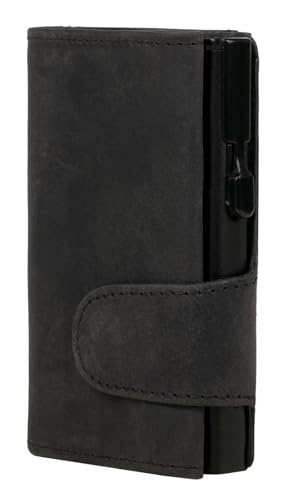 ClickSafe® Kreditkartenetui mit Münzfach und Geldscheinfach aus schwarzem Hunterleder mit schwarzem Aluminium Tresor und RFID Schutz (Kartenetui, Kartenhalter, Slim Wallet) von ClickSafe