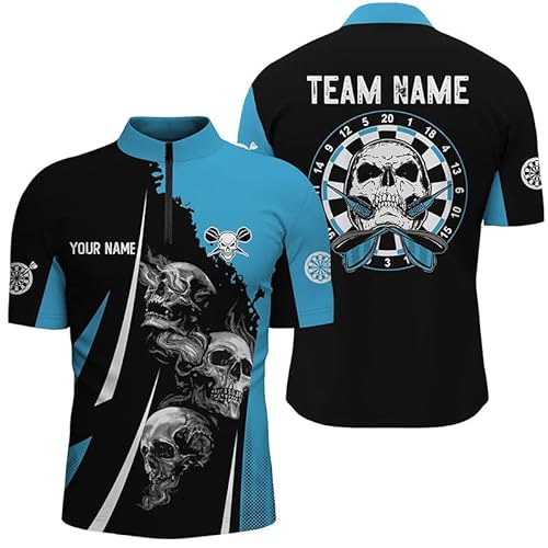 Climcat Skull Strike Personalisierte Darts-Poloshirt für Herren & Damen - Individuelles Schwarz-Blaues Dart-Trikot mit Totenkopf-Design Leistungsstarkes Dart-Jersey L0973 von Climcat