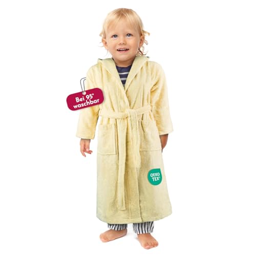 Clinotest Kinderbademantel aus Frottee – Weicher Bademantel mit Kapuze aus 100% Baumwolle, saugfähig und flauschig, ideal für Jungen und Mädchen, mit Bindegürtel, maschinenwaschbar – Pastellgelb von Clinotest