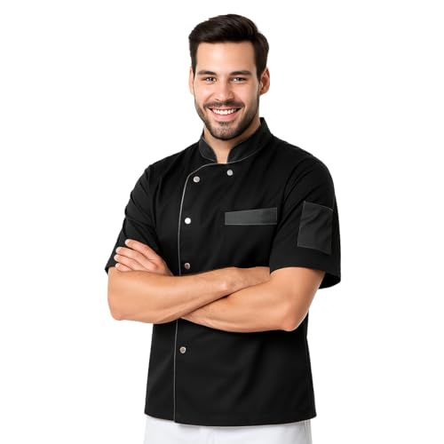 Clinotest Kochjacke Herren Kurzarm - 95 Grad waschbare, kochfeste Kochjacken ohne Einlaufen - Bäckerjacke mit Druckknopfverschluss - Kochhemd aus 65% Polyester, 35% Baumwolle - Kochkleidung von Clinotest