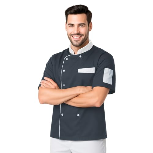 Clinotest Kochjacke Herren kurzarm - 95 Grad waschbare, kochfeste Kochjacken ohne Einlaufen - Bäckerjacke mit Druckknopfverschluss - Kochhemd aus 65% Polyester, 35% Baumwolle - Kochkleidung von Clinotest