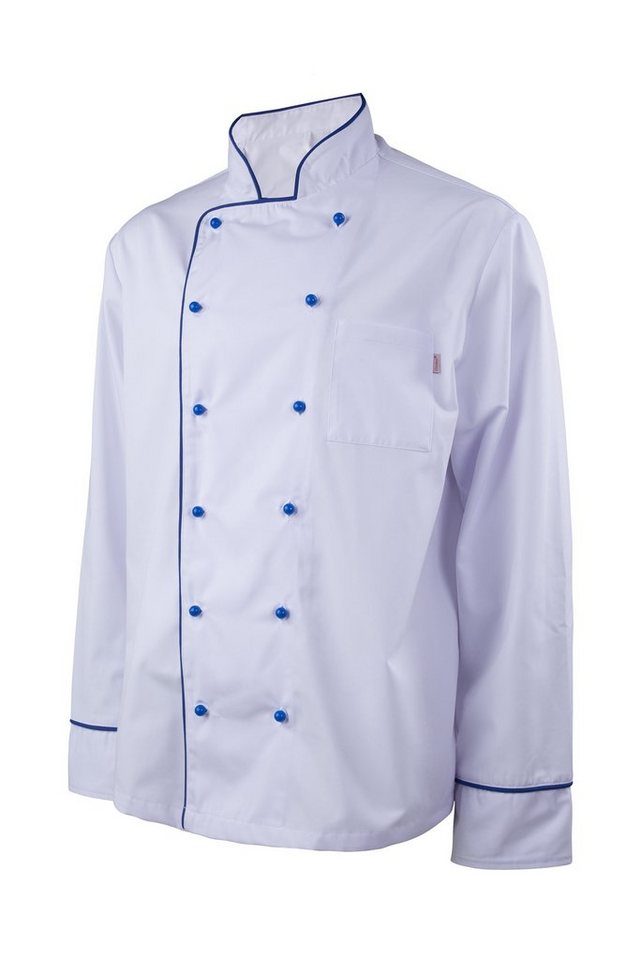 Clinotest Kochjacke mit farbigen Kugelknöpfen und farbiger Paspelierung von Clinotest