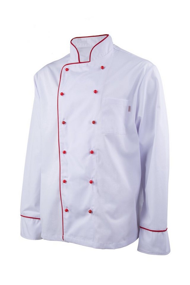 Clinotest Kochjacke mit farbigen Kugelknöpfen und farbiger Paspelierung von Clinotest