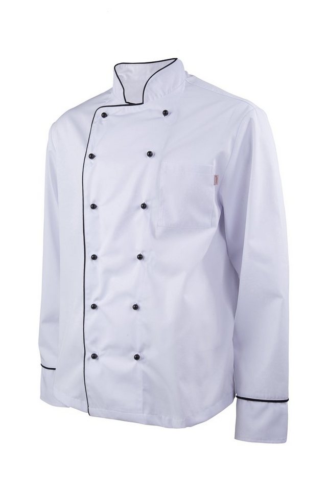 Clinotest Kochjacke mit farbigen Kugelknöpfen und farbiger Paspelierung von Clinotest