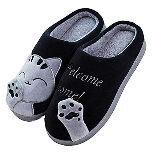 Cliont Nette Katze Hausschuhe Indoor Winter Hausschuhe rutschfeste Schuhe Frauen und Männer 43/44 EU Noir,(Herstellergröße 44-45) von Cliont