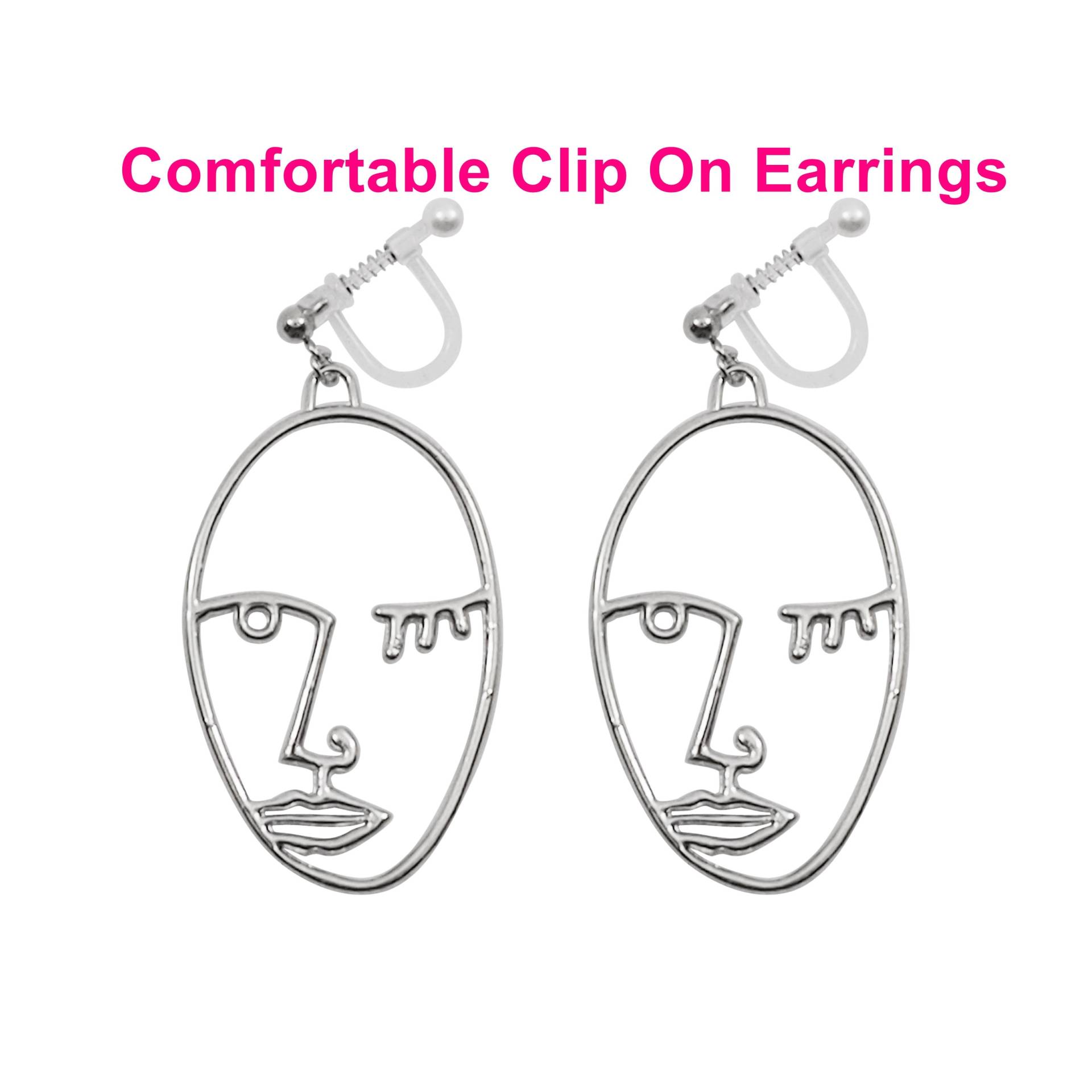 Gesicht Unsichtbare Clip Auf Ohrringe Baumeln, Silber Picasso Ohrringe, Nicht Durchbohrt Menschliches Clip-On von ClipOnEarringsJP