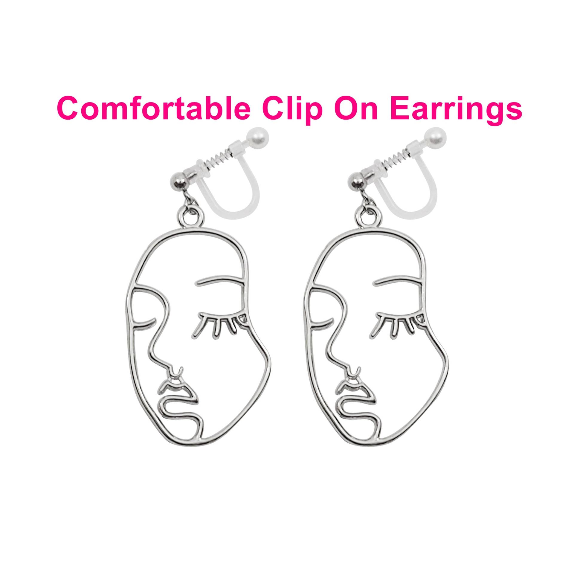 Piccaso Face Clip On Ohrringe Baumeln Unsichtbar Silber von ClipOnEarringsJP