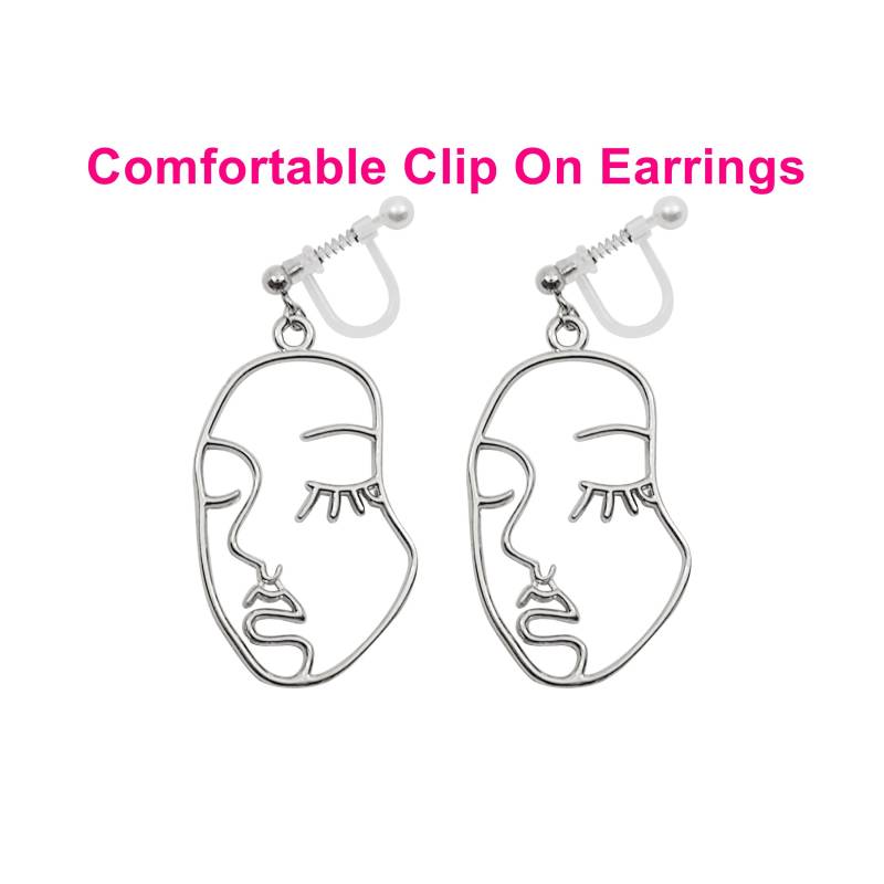 Piccaso Face Clip On Ohrringe Baumeln Unsichtbar Silber von ClipOnEarringsJP