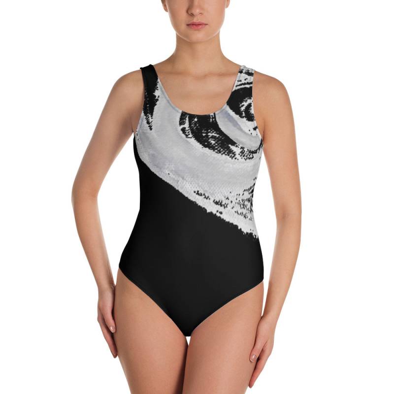 Schwarz-Weißer Einteiliger Badeanzug - Abstraktes Wellendesign von CliziaShop