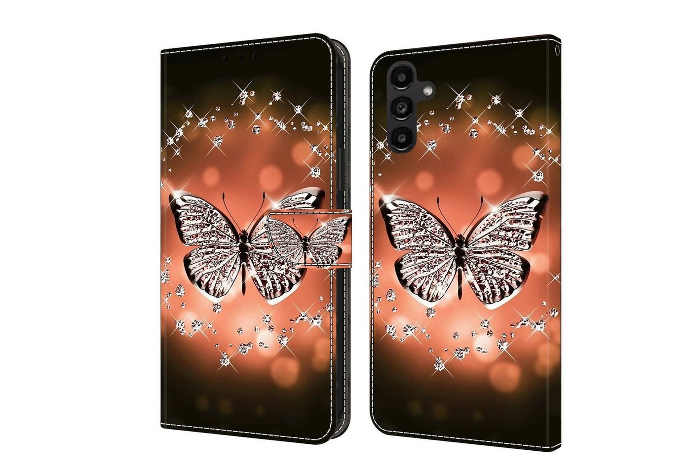 CLM-Tech Handytasche Hülle für Samsung Galaxy A14 5G Tasche aus Kunstleder Klapphülle (Schmetterling Diamanten Muster, Samsung Galaxy A14 5G Handyhülle Wallet Flip Case Cover Etui), Standfunktion, Kartenfächer, Magnetverschluss von Clm-Tech