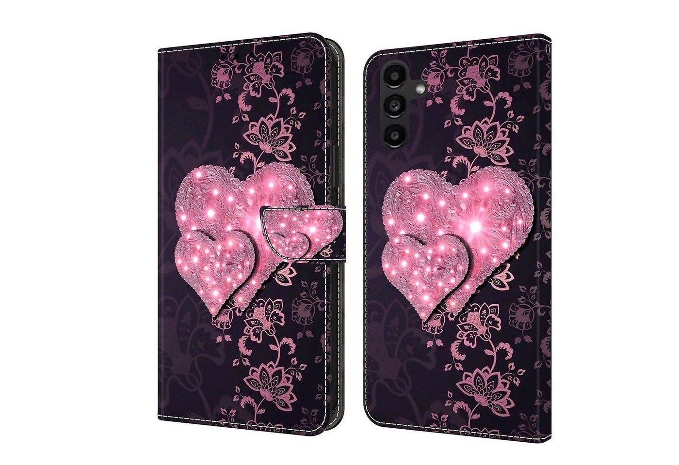 CLM-Tech Handytasche Hülle für Samsung Galaxy A14 5G Tasche aus Kunstleder Klapphülle (schwarz rosa Herzen, Samsung Galaxy A14 5G Handyhülle Wallet Flip Case Cover Etui), Standfunktion, Kartenfächer, Magnetverschluss von Clm-Tech