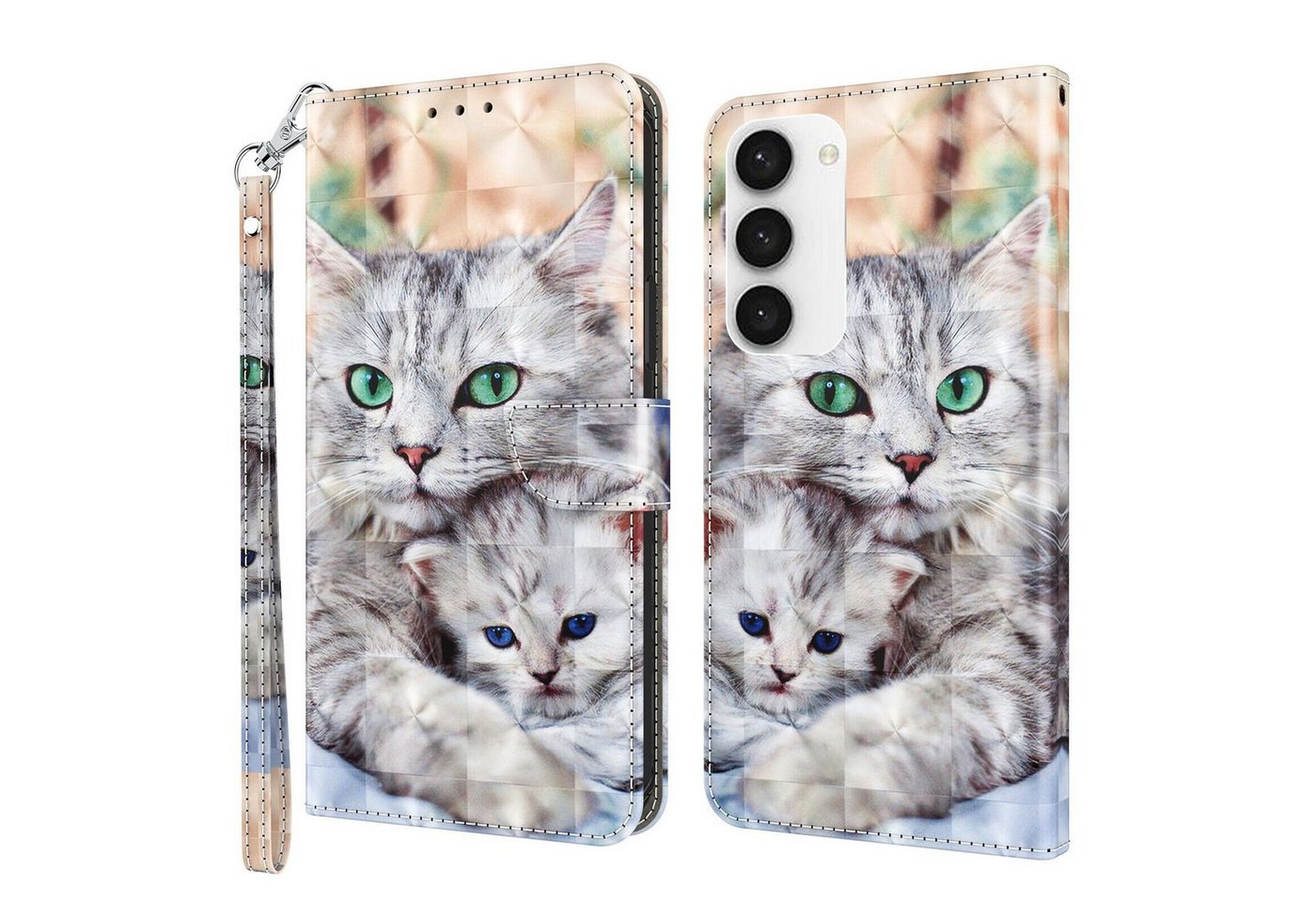 CLM-Tech Handytasche Hülle für Samsung Galaxy S23 5G Tasche aus Kunstleder Klapphülle (Katze und Kätzchen, Handyhülle Wallet Flip Case Cover Etui), Standfunktion, Kartenfächer, Magnetverschluss von Clm-Tech