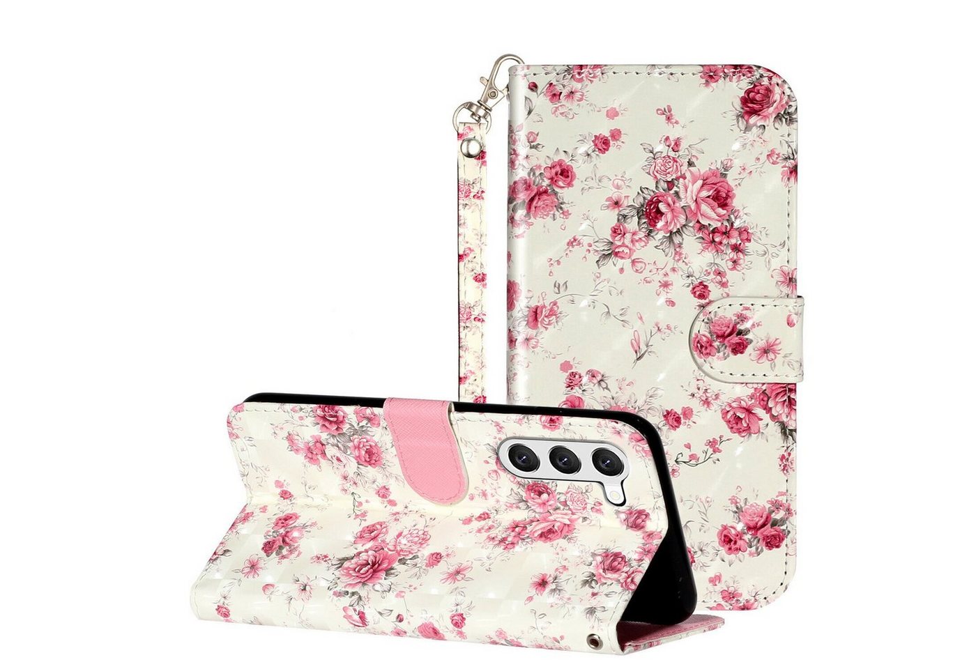 CLM-Tech Handytasche Hülle für Samsung Galaxy S23 5G Tasche aus Kunstleder Klapphülle (Rosen Muster, Handyhülle Wallet Flip Case Cover Etui), Standfunktion, Kartenfächer, Magnetverschluss von Clm-Tech