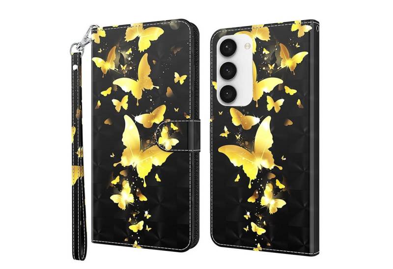 CLM-Tech Handytasche Hülle für Samsung Galaxy S23 5G Tasche aus Kunstleder Klapphülle (Schmetterlinge gold schwarz, Handyhülle Wallet Flip Case Cover Etui), Standfunktion, Kartenfächer, Magnetverschluss von Clm-Tech