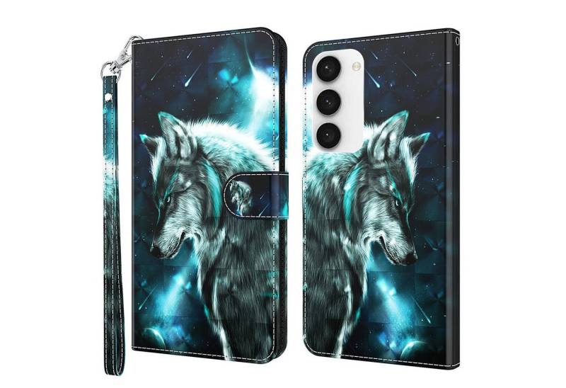 CLM-Tech Handytasche Hülle für Samsung Galaxy S23 5G Tasche aus Kunstleder Klapphülle (Wolf blau schwarz, Handyhülle Wallet Flip Case Cover Etui), Standfunktion, Kartenfächer, Magnetverschluss von CLM-Tech
