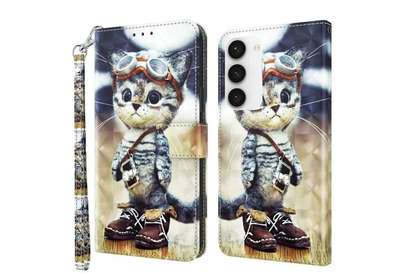 CLM-Tech Handytasche Hülle für Samsung Galaxy S23 5G Tasche aus Kunstleder Klapphülle (coole Katze, Handyhülle Wallet Flip Case Cover Etui), Standfunktion, Kartenfächer, Magnetverschluss von Clm-Tech