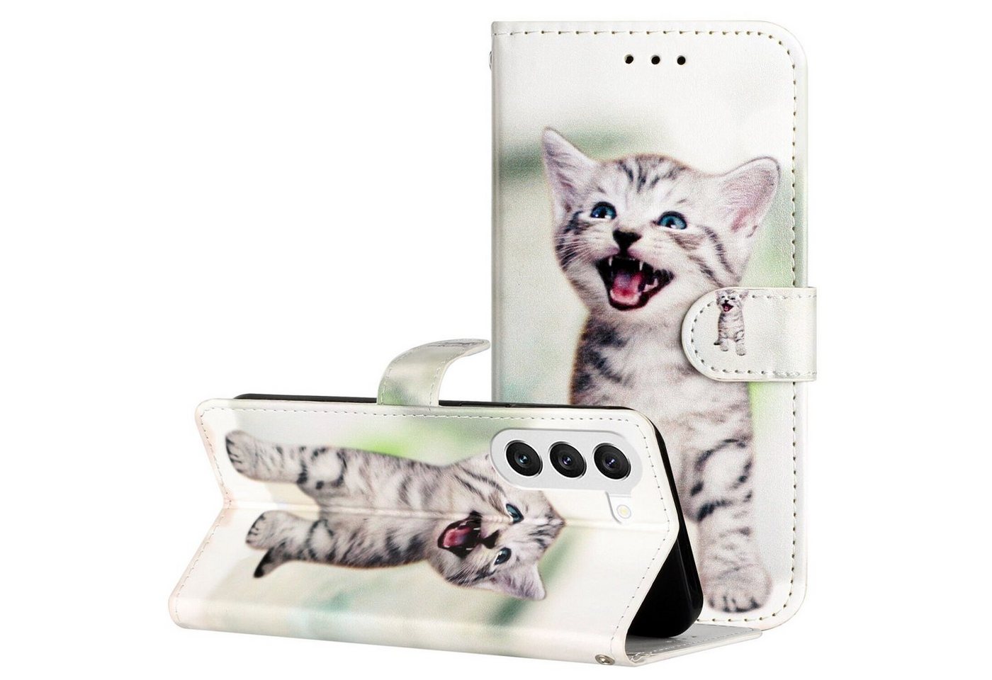 CLM-Tech Handytasche Hülle für Samsung Galaxy S23 Plus Tasche aus Kunstleder Klapphülle (fröhliche Katze, Handyhülle Wallet Flip Case Cover Etui), Standfunktion, Kartenfächer, Magnetverschluss von Clm-Tech