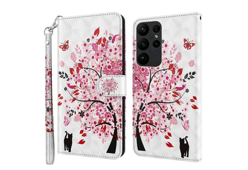 CLM-Tech Handytasche Hülle für Samsung Galaxy S23 Ultra 5G Tasche aus Kunstleder Klapphülle (Baum rosa weiß, Handyhülle Wallet Flip Case Cover Etui), Standfunktion, Kartenfächer, Magnetverschluss von Clm-Tech