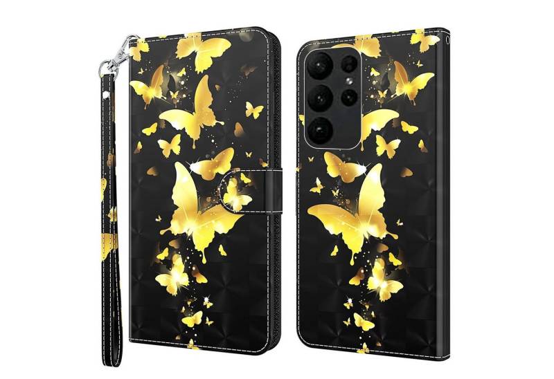 CLM-Tech Handytasche Hülle für Samsung Galaxy S23 Ultra 5G Tasche aus Kunstleder Klapphülle (Schmetterlinge gold schwarz, Handyhülle Wallet Flip Case Cover Etui), Standfunktion, Kartenfächer, Magnetverschluss von Clm-Tech