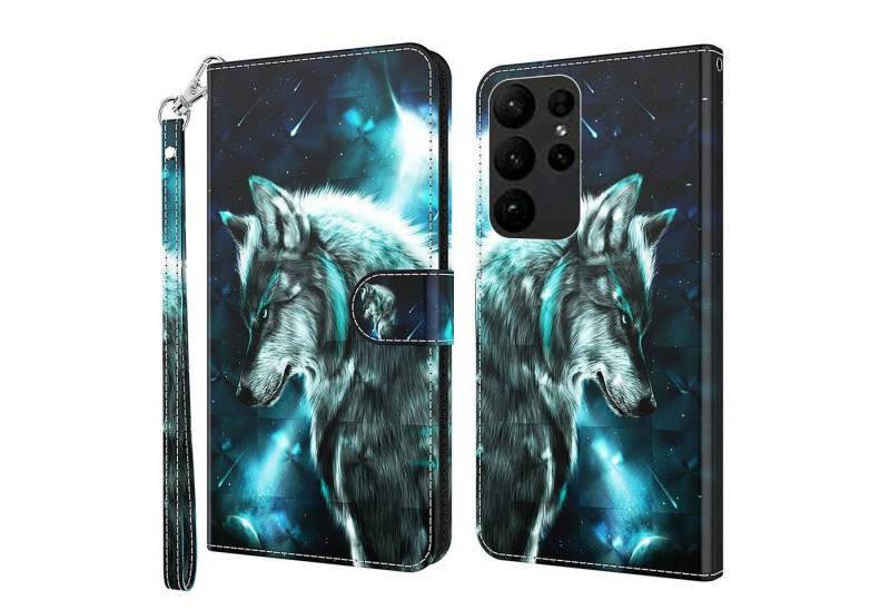 CLM-Tech Handytasche Hülle für Samsung Galaxy S23 Ultra 5G Tasche aus Kunstleder Klapphülle (Wolf blau schwarz, Handyhülle Wallet Flip Case Cover Etui), Standfunktion, Kartenfächer, Magnetverschluss von Clm-Tech