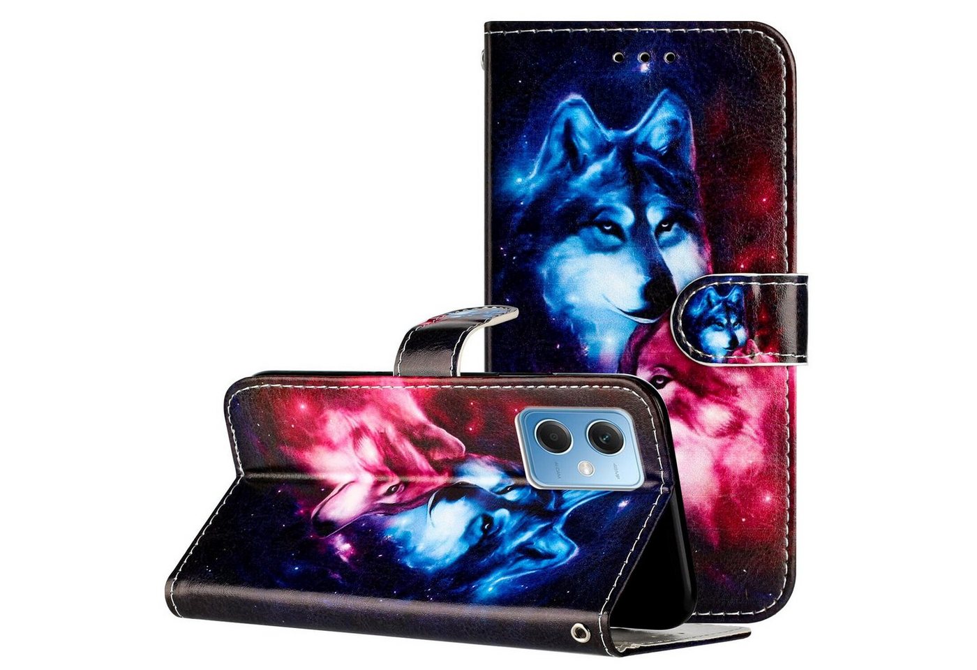 CLM-Tech Handytasche Hülle für Xiaomi Redmi Note 12 5G Tasche aus Kunstleder Klapphülle (Wolf Pärchen, Handyhülle Wallet Flip Case Cover Etui), Standfunktion, Kartenfächer, Magnetverschluss von Clm-Tech