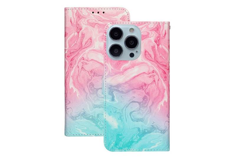 CLM-Tech Handytasche Hülle für iPhone 14 Pro Tasche aus Kunstleder Klapphülle (Marmor rosa türkis, iPhone 14 Pro Handyhülle Wallet Flip Case Cover Etui), Standfunktion, Kartenfächer, Magnetverschluss von Clm-Tech