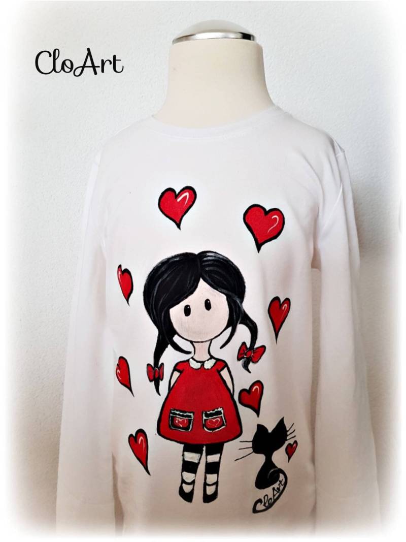 Handgemaltes Mädchen Und Katze T-Shirt, Individuelle Kinderkleidung von CloArtHandmade