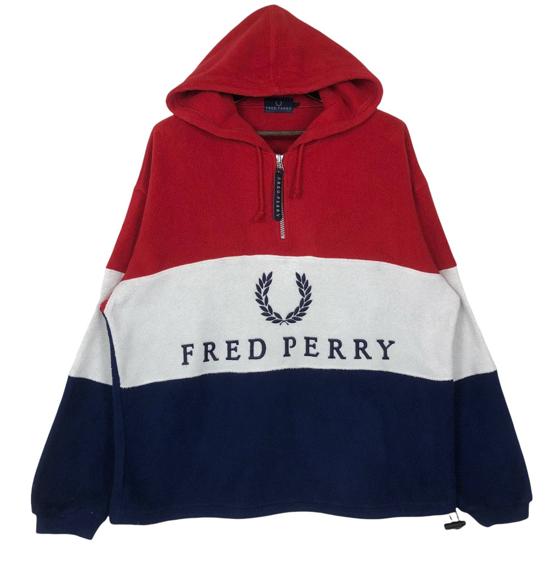 Vintage Fred Perry Fleece Hoodie Mehrfarben Block Gesticktes Logo Größe Medium von ClockworkThriftStore