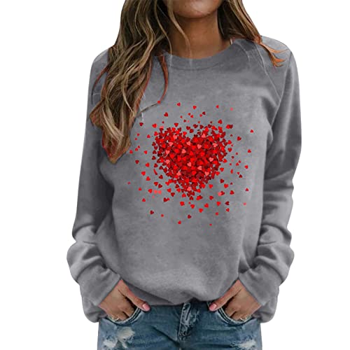 Ladies Valentine's Day Sweatshirt Crew Neck Red Heart Print Long Sleeve Casual Tops Baggy Blouse Festival Clothes A-195 von Clode