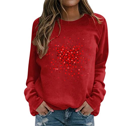 Ladies Valentine's Day Sweatshirt Crew Neck Red Heart Print Long Sleeve Casual Tops Baggy Blouse Festival Clothes A-195 von Clode