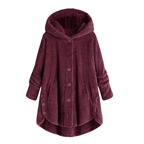 Women's Hoodie Coat Fall Sweatshirt Fashion Solid Color Hooded Button Loose Lightweight Outwear Coat Trendy Blouse (1A-Wine, XL) von Clode