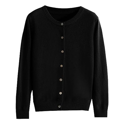 Damen Strickjacken Basic Rundhalsausschnitt Knopfleiste Cardigan Herbst Winter Langarm Warm Mantel Casual Elegant Outerwear, Schwarz , L von ClodeEU