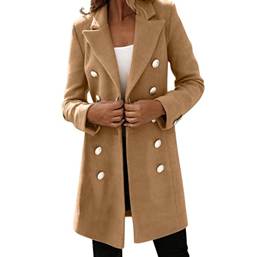 Damen Zweireihiger Peacoat Winter mittellanger Trenchcoat Warm Reverskragen Mantel Solide Jacke Herbst Outwear Klassischer Dufflecoat, khaki, M von ClodeEU