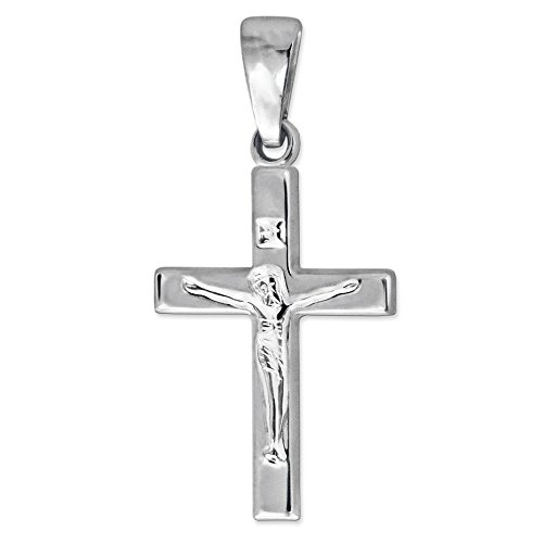 CLEVER SCHMUCK Silberner Kinder Anhänger kleines Jesus Kreuz 17 mm gerade Form schlicht und glänzend Sterling Silber 925 für Kinder, Damen, Jugendliche in Geschenkfaltbox von CLEVER SCHMUCK