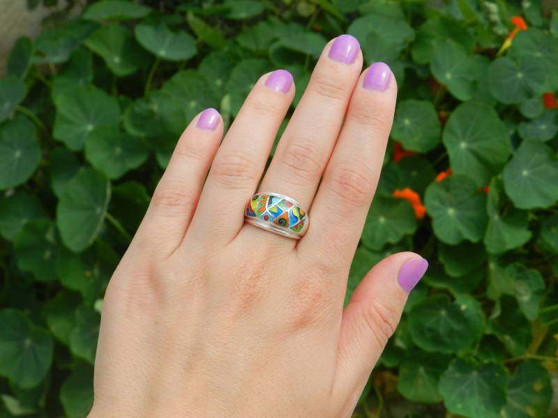 Cloisonne Emaille Band/Ring Weihnachtsgeschenk Feinsilber Silber von CloisonneEnamelShop