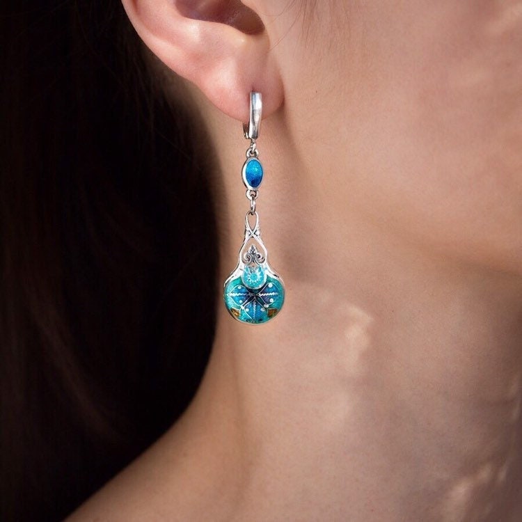 Blaue Cloisonné Emaille Ohrringe Handgemachte Sterling Silber Schmuck Blaue Cloisonné Emaille Ohrringe Handgemachte Sterling Silber Schmuck von CloisonneMinanqari