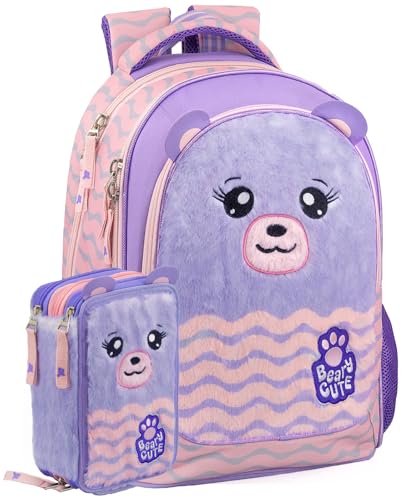 Schulrucksack + 3‑Fach Federmäppchen 45 Teile – Klasse 1–4 – Deluxe Grundschul‑Set gefüllt, ergonomisch 43×33×15 cm – Geschenk für Mädchen – Julian Ross Lila mit Bärenmotiv von Clondo