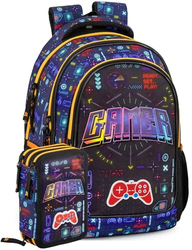 Julian Ross Gamer Pro Player Grundschul-Set Deluxe, Ergonomischer Rucksack Jungen mit voll ausgestattetem Federmäppchen - 45 Teile von Clondo