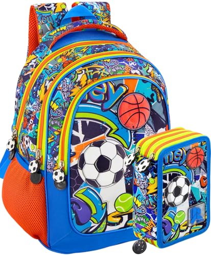 Schulrucksack + 3‑Fach Federmäppchen 45 Teile – Klasse 1–4 – Deluxe Grundschul‑Set gefüllt, ergonomisch 43×33×15 cm – Geschenk für Jungen – Julian Ross Sport Design von Clondo